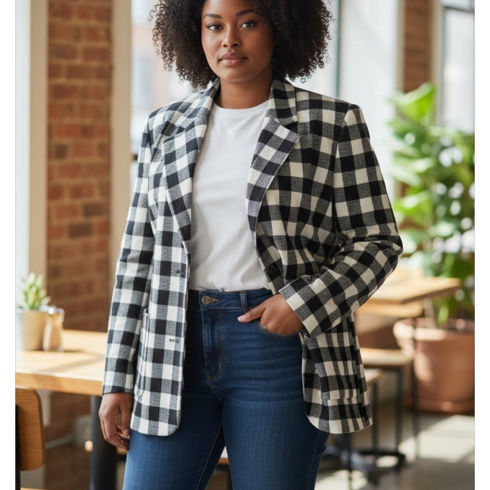 Escada Black and White‎ buffalo plaid blazer size 38. US 8 100% wool